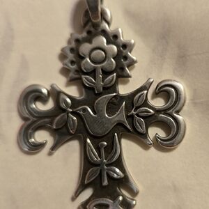 James Avery Silver Cross Pendant with Floral and Bird Design